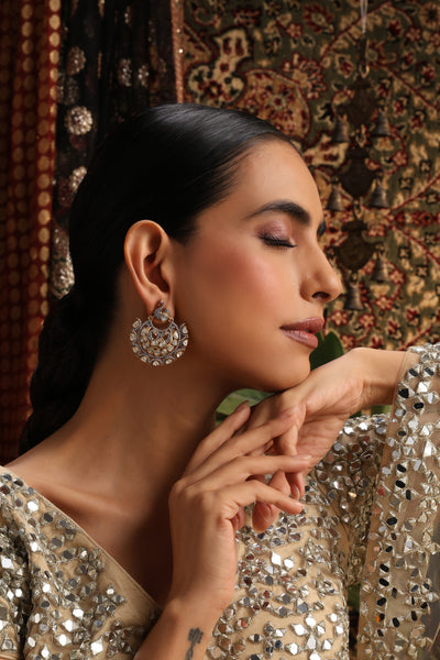 Tarang Silver Polki Chandbali Earrings