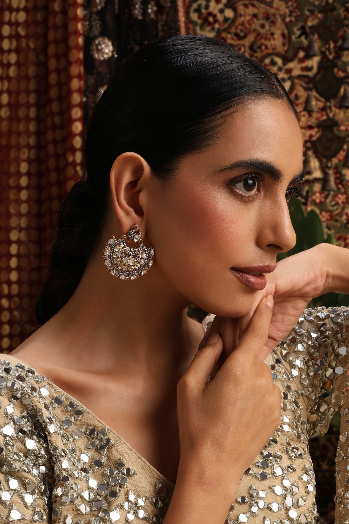 Tarang Silver Polki Chandbali Earrings