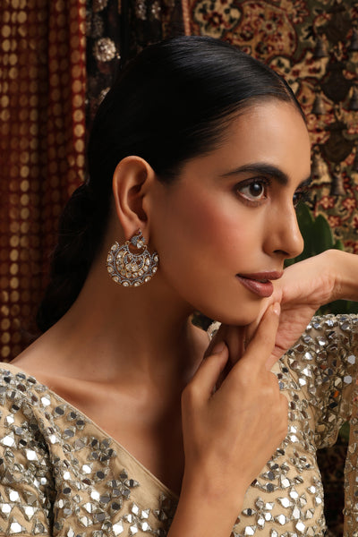 Tarang Silver Polki Chandbali Earrings