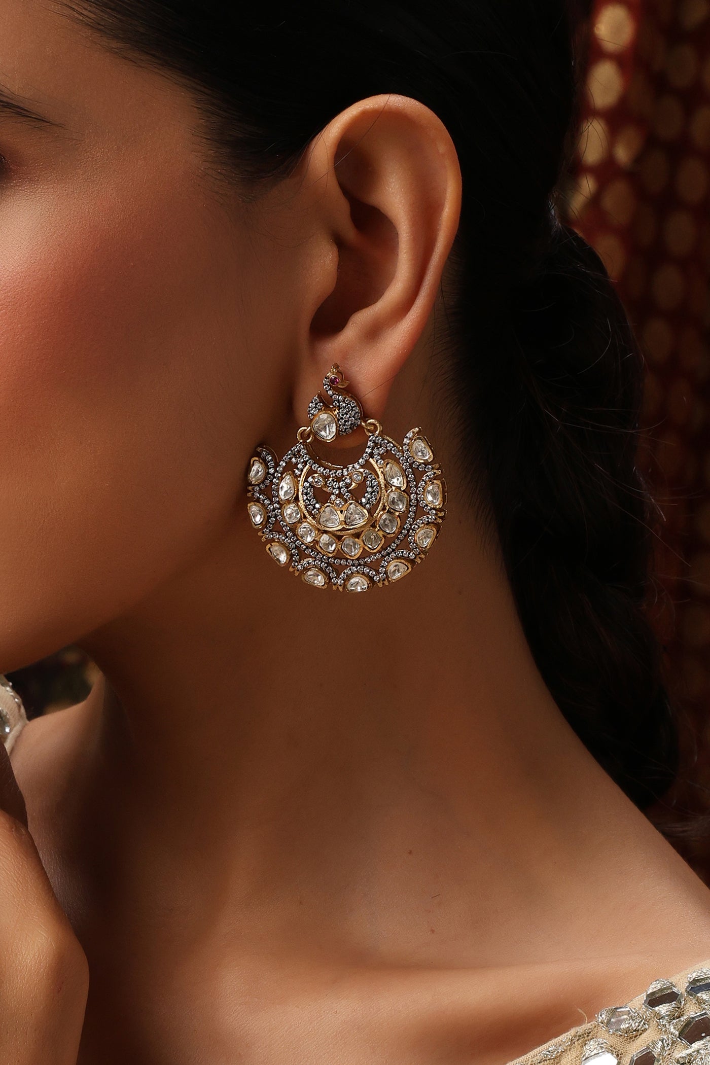 Tarang Silver Polki Chandbali Earrings