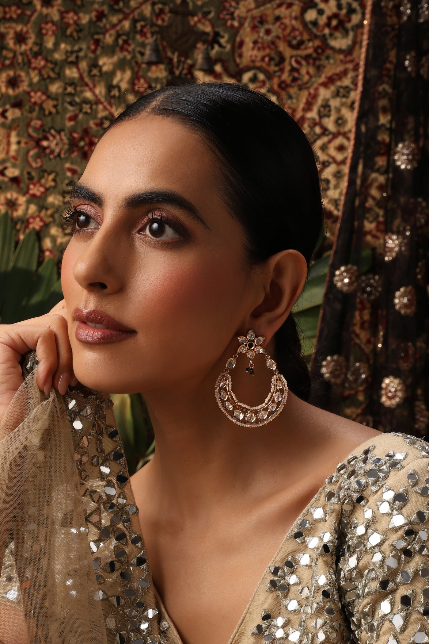 Antra Green Polki Chandbali Earrings