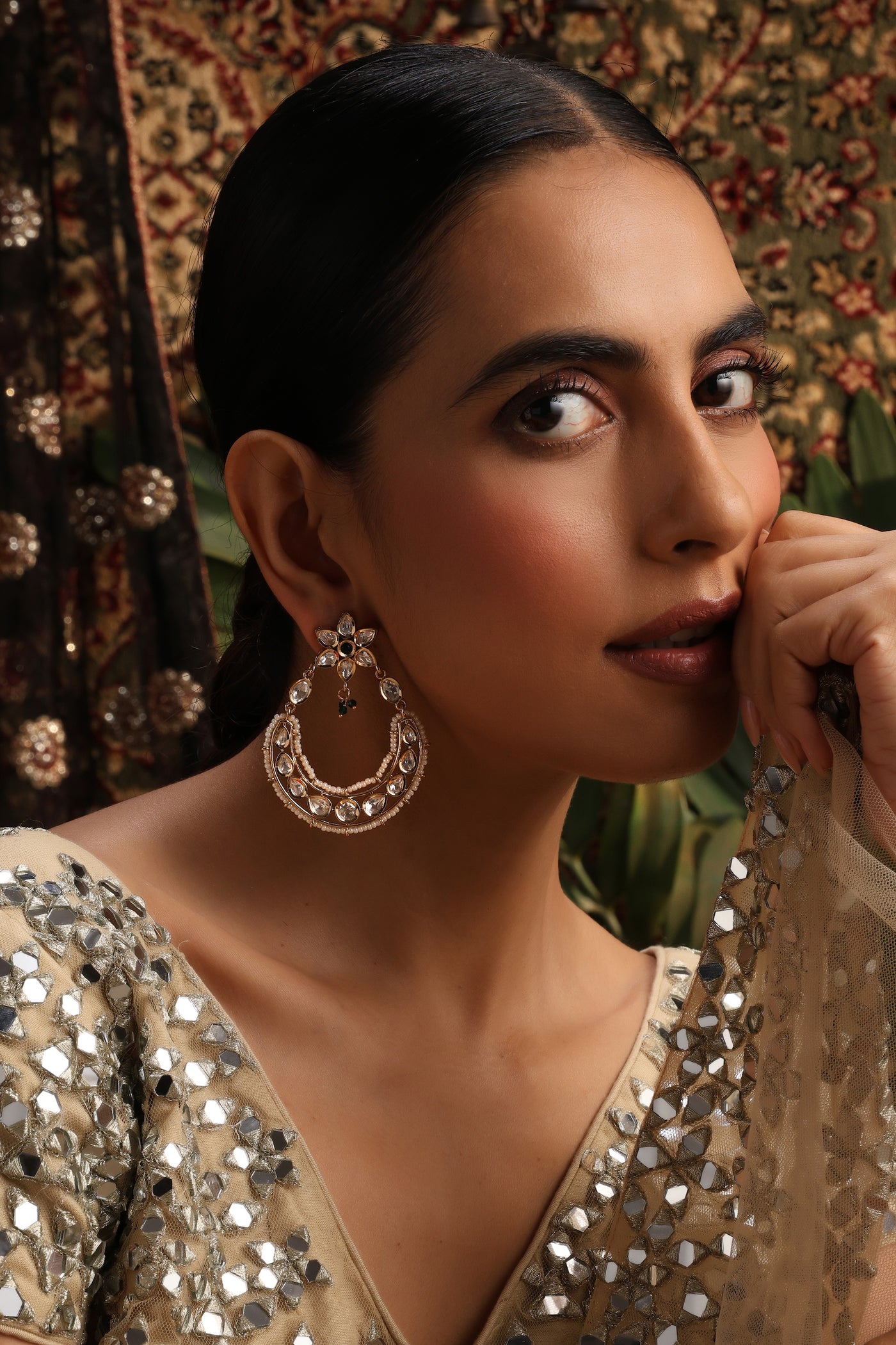 Antra Green Polki Chandbali Earrings