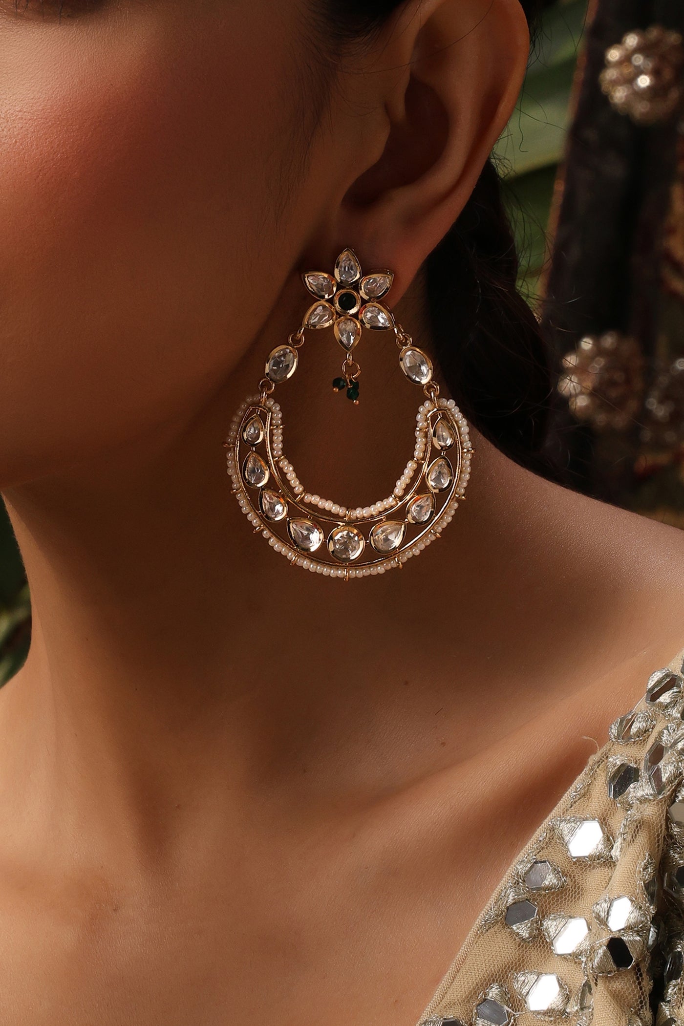 Antra Green Polki Chandbali Earrings