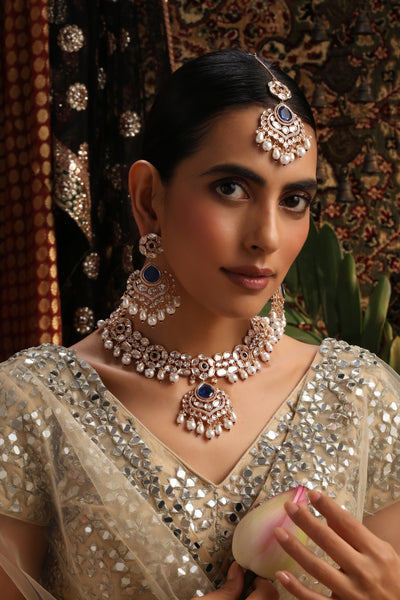 Unneri Sapphire and Polki Necklace Set with Maang Tikka