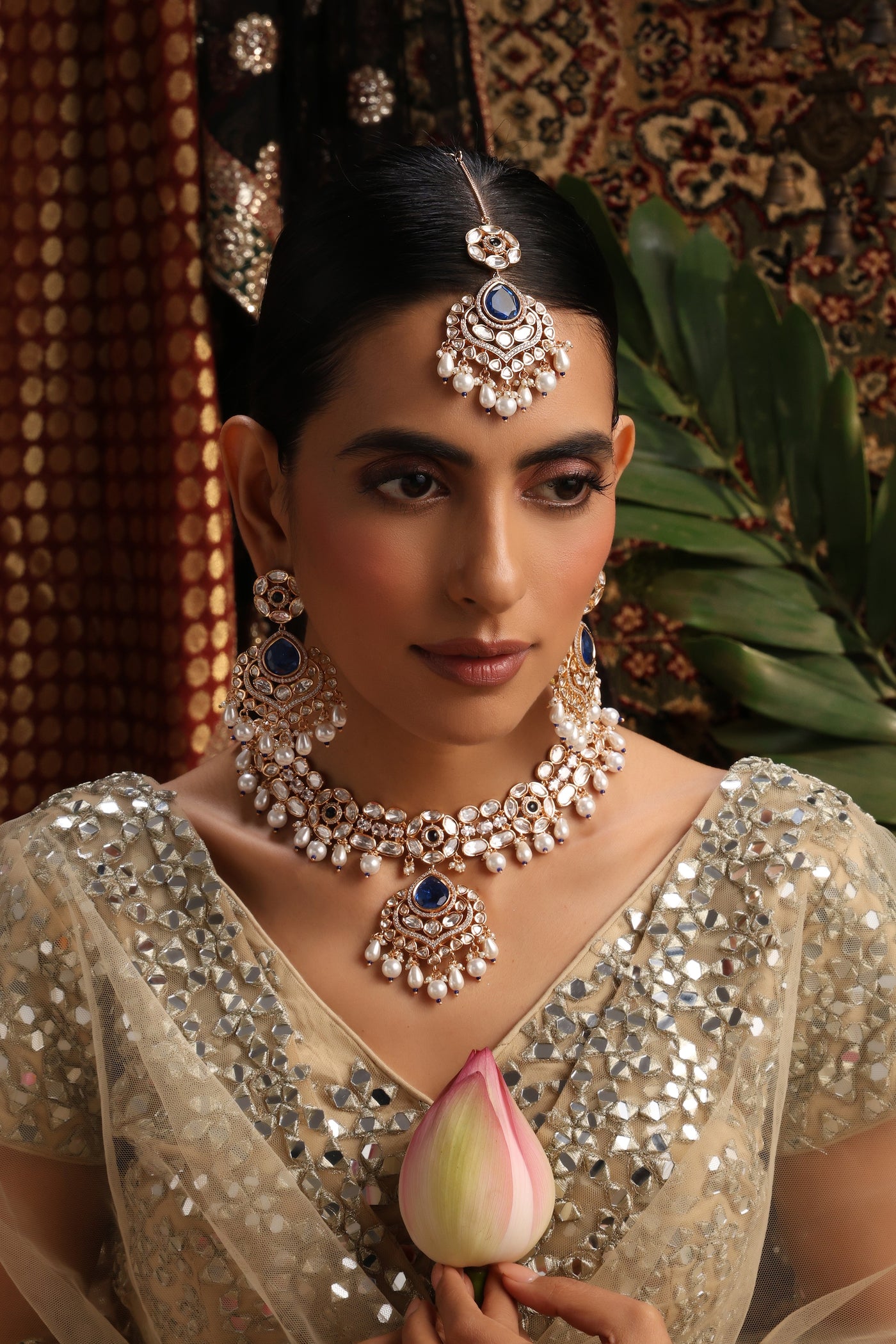 Unneri Sapphire and Polki Necklace Set with Maang Tikka