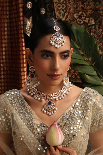 Unneri Sapphire and Polki Necklace Set with Maang Tikka