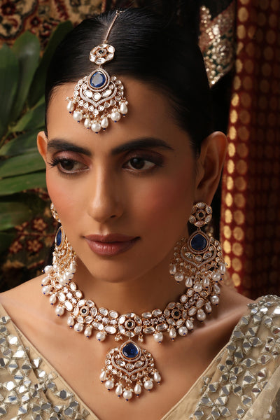 Unneri Sapphire and Polki Necklace Set with Maang Tikka
