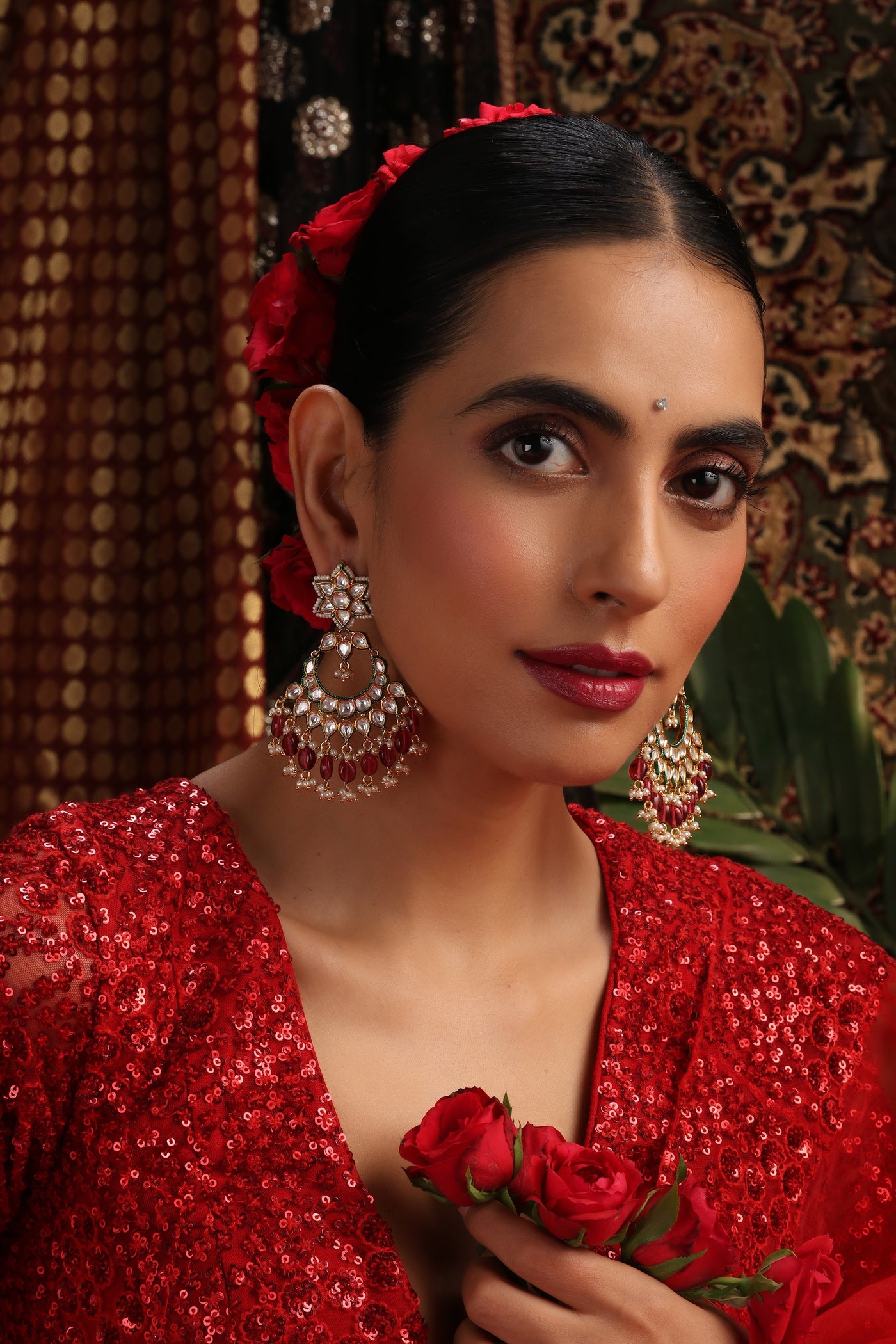 Vrai Red Polki Chandbali Earrings