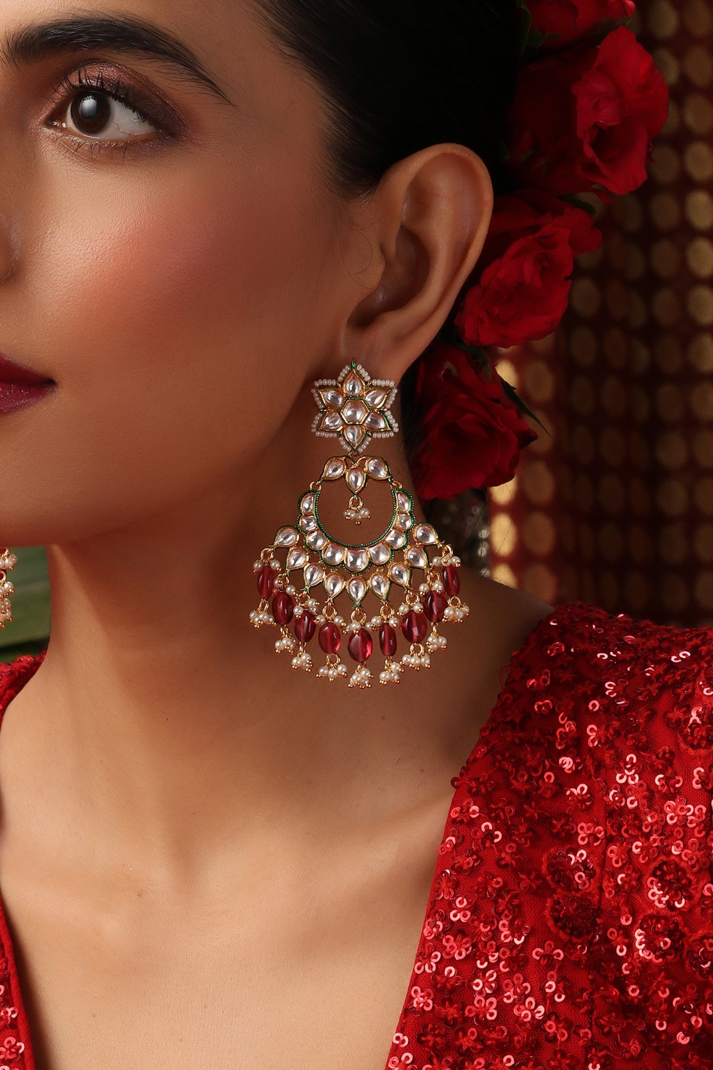 Vrai Red Polki Chandbali Earrings