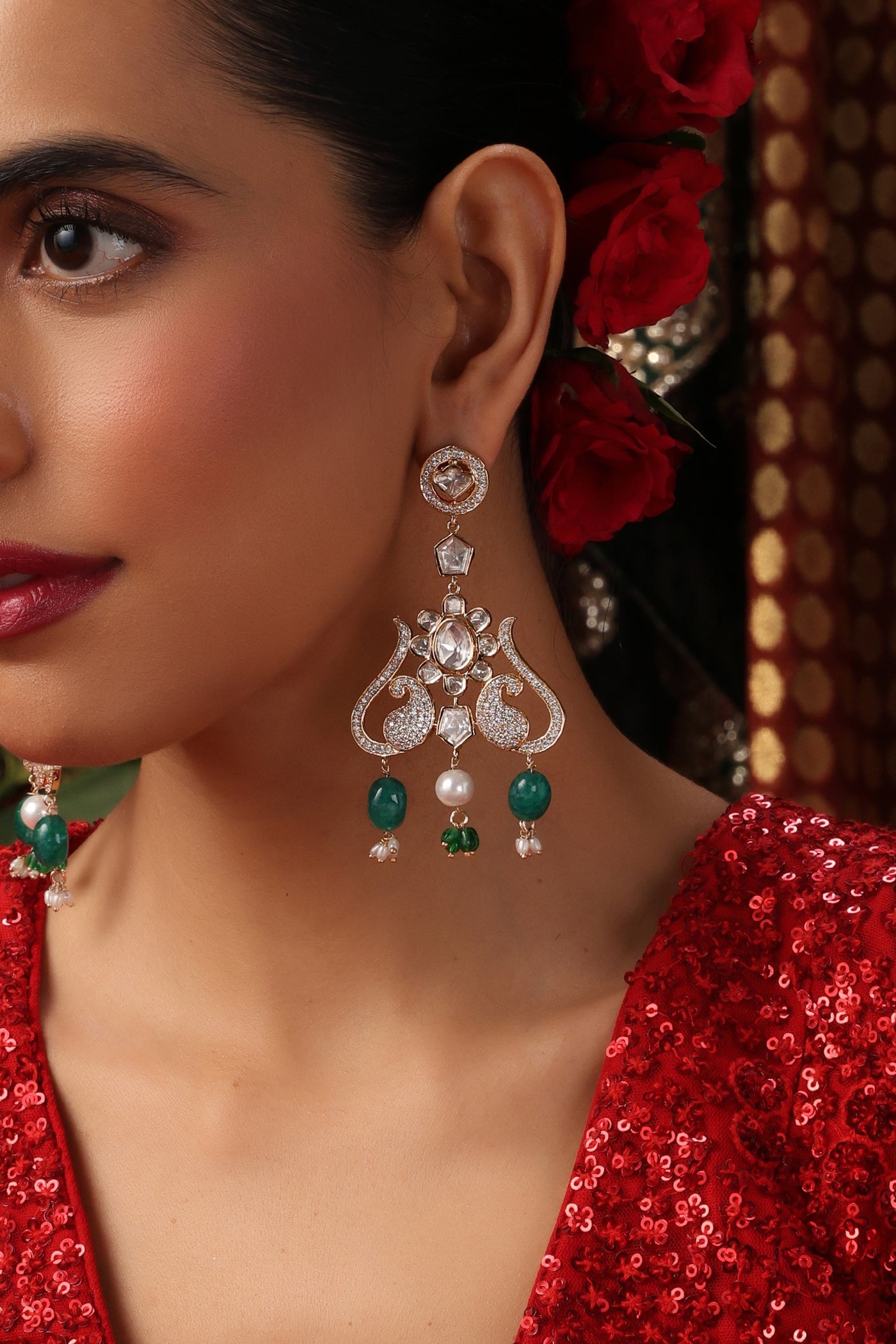 Ziyaana Green Polki Dangler Earrings