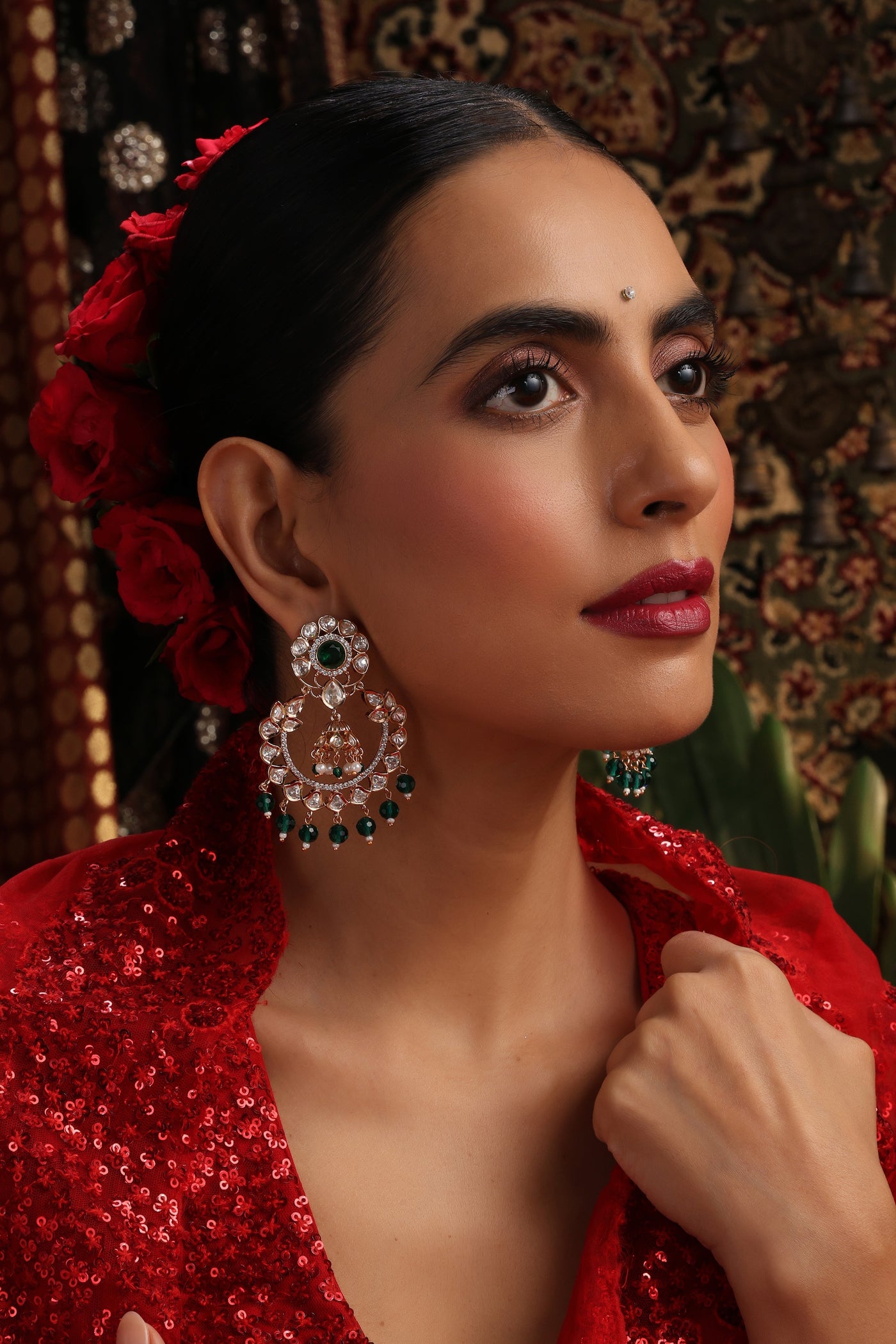 Lubaina Green Polki Chandbali Earrings