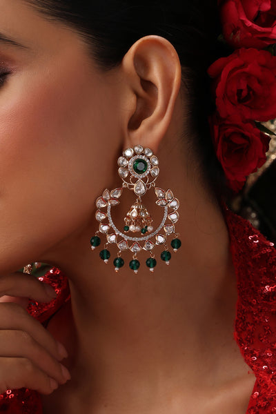 Lubaina Green Polki Chandbali Earrings