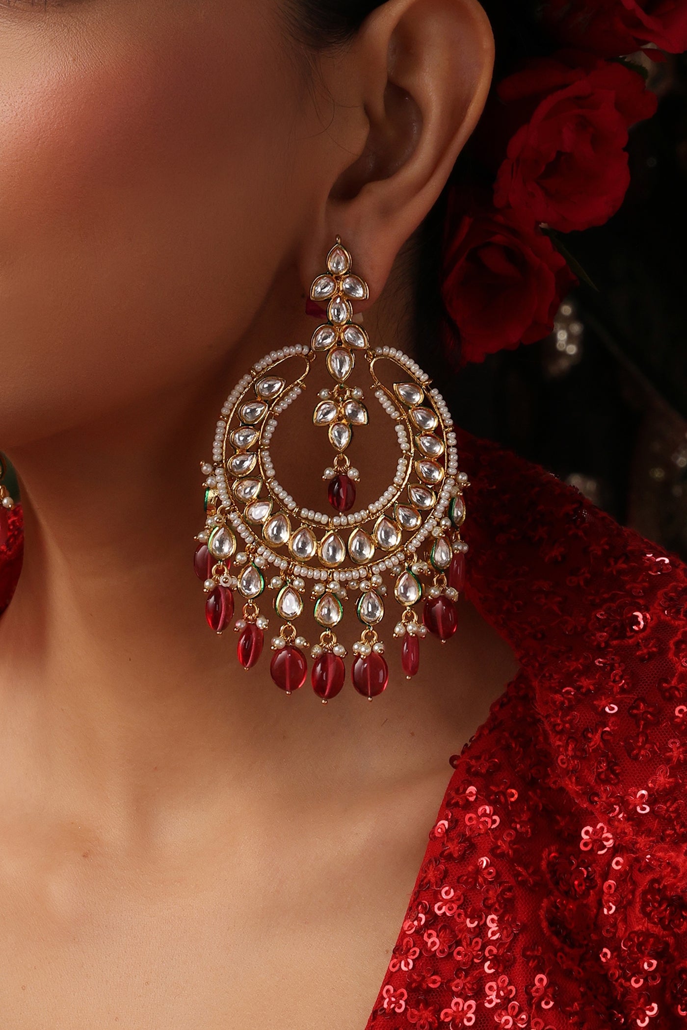Aradhya Red Polki Chandbali Earrings
