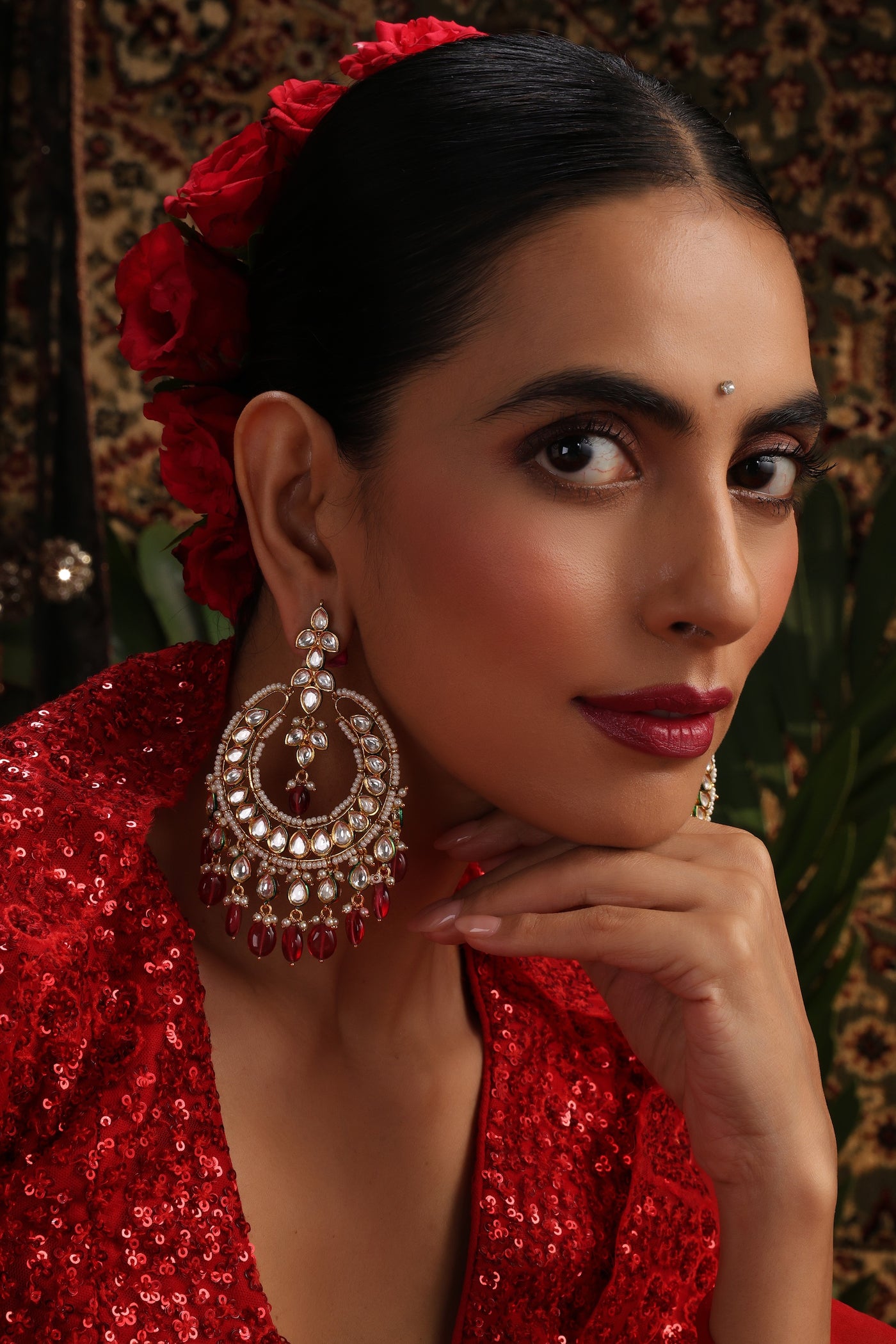 Aradhya Red Polki Chandbali Earrings