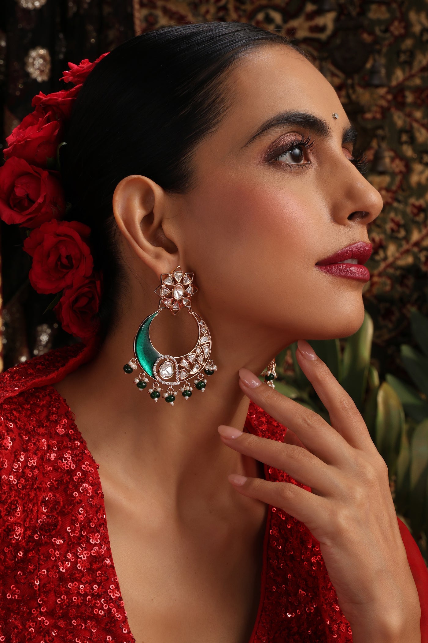 Rehana Green Polki Chandbali Earrings