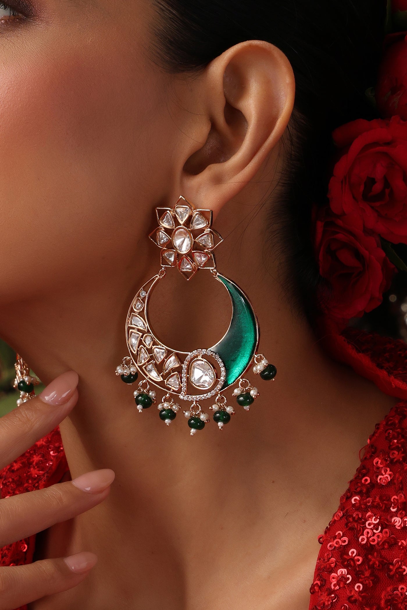 Rehana Green Polki Chandbali Earrings