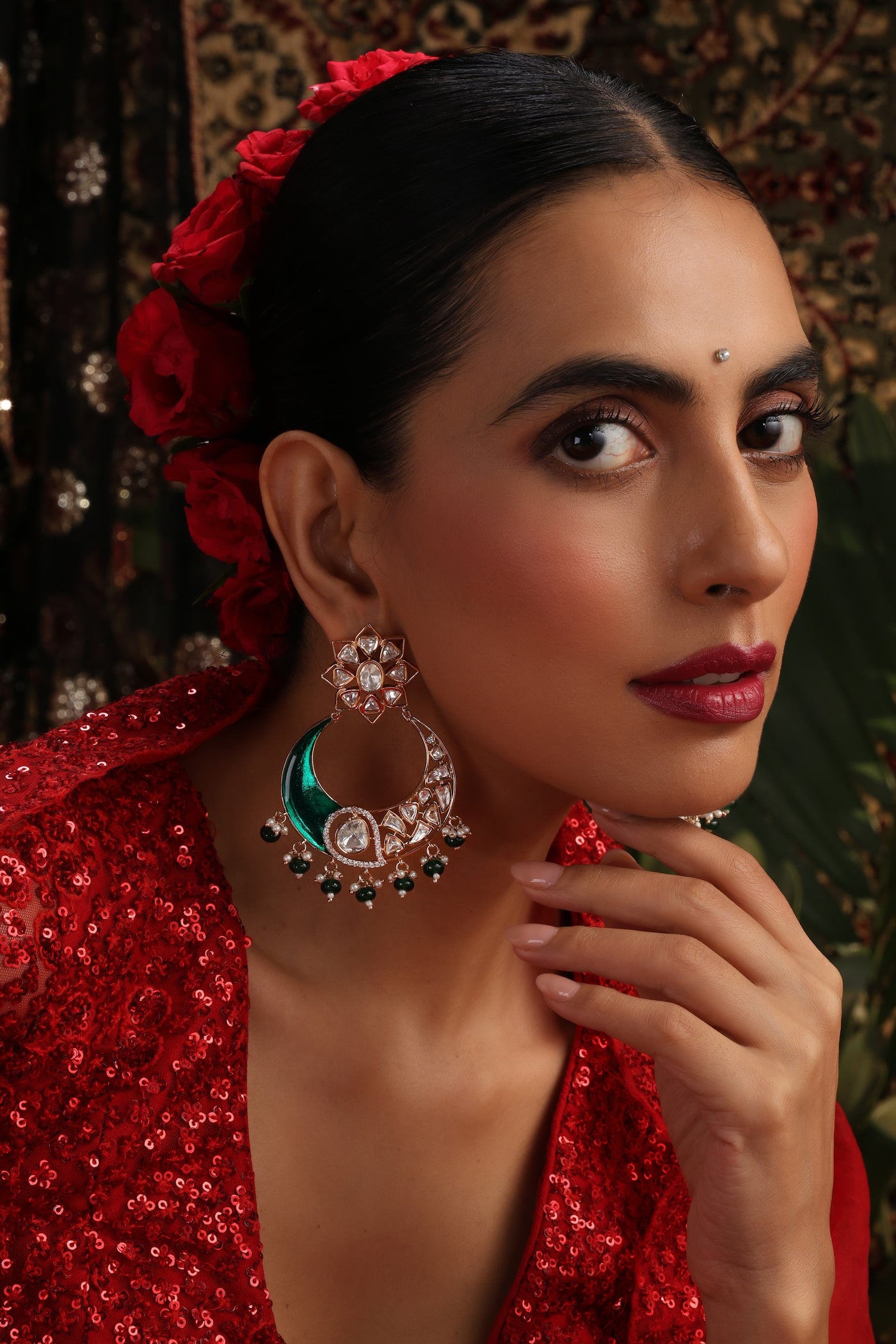 Rehana Green Polki Chandbali Earrings