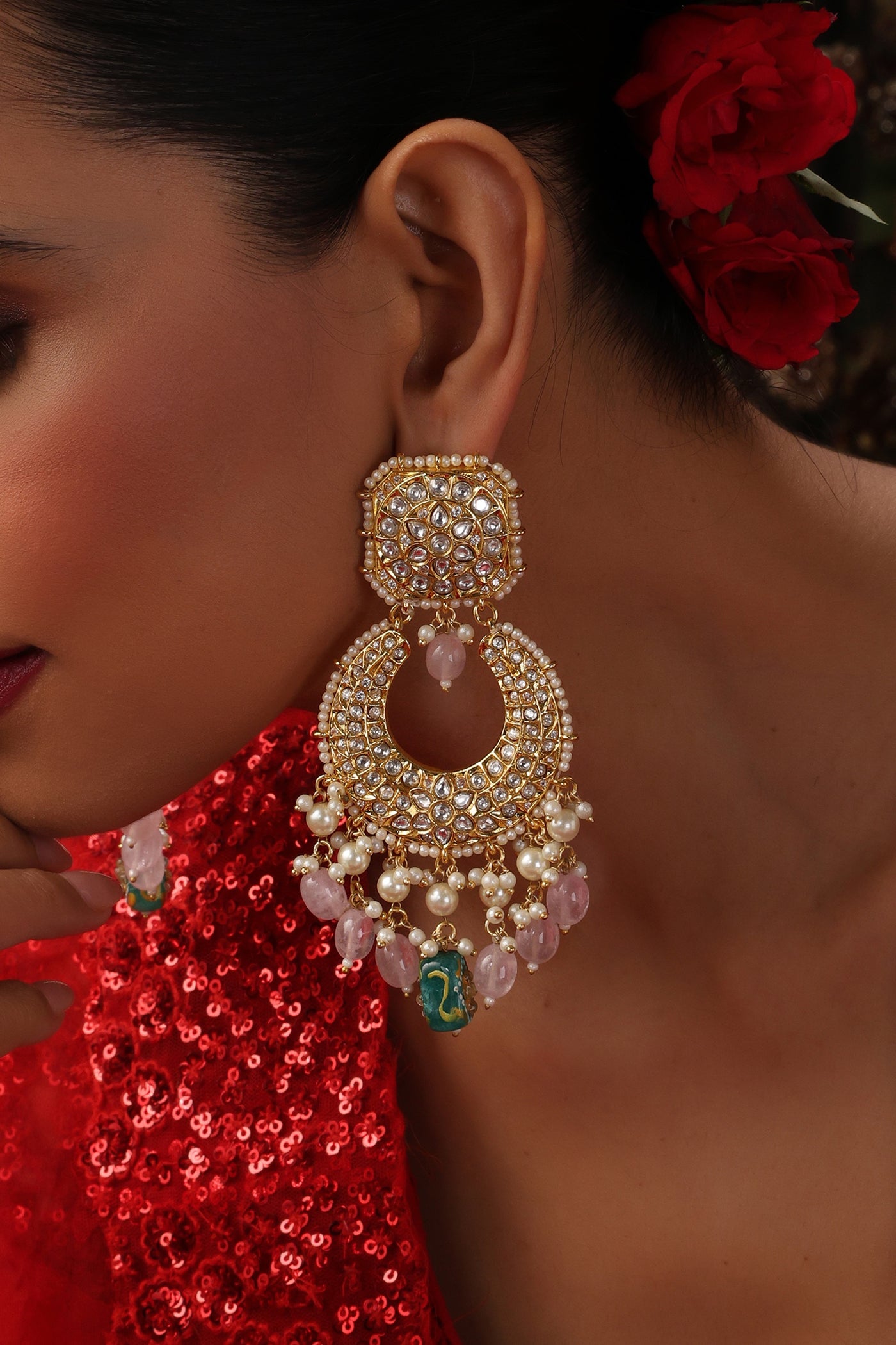 Kevai Multicolor Kundan Chandbali Earrings