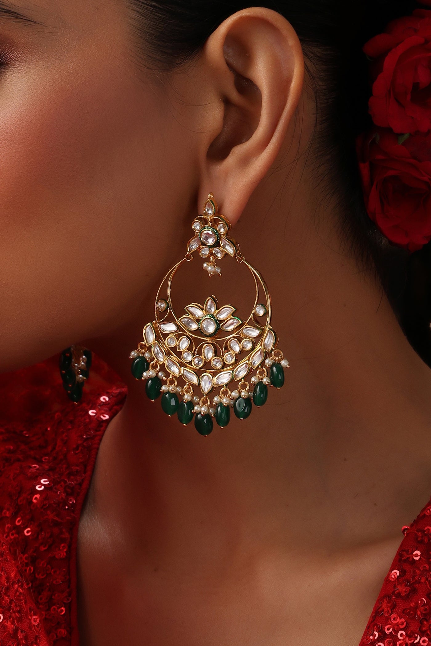 Sheer Green Polki Chandbali Earrings