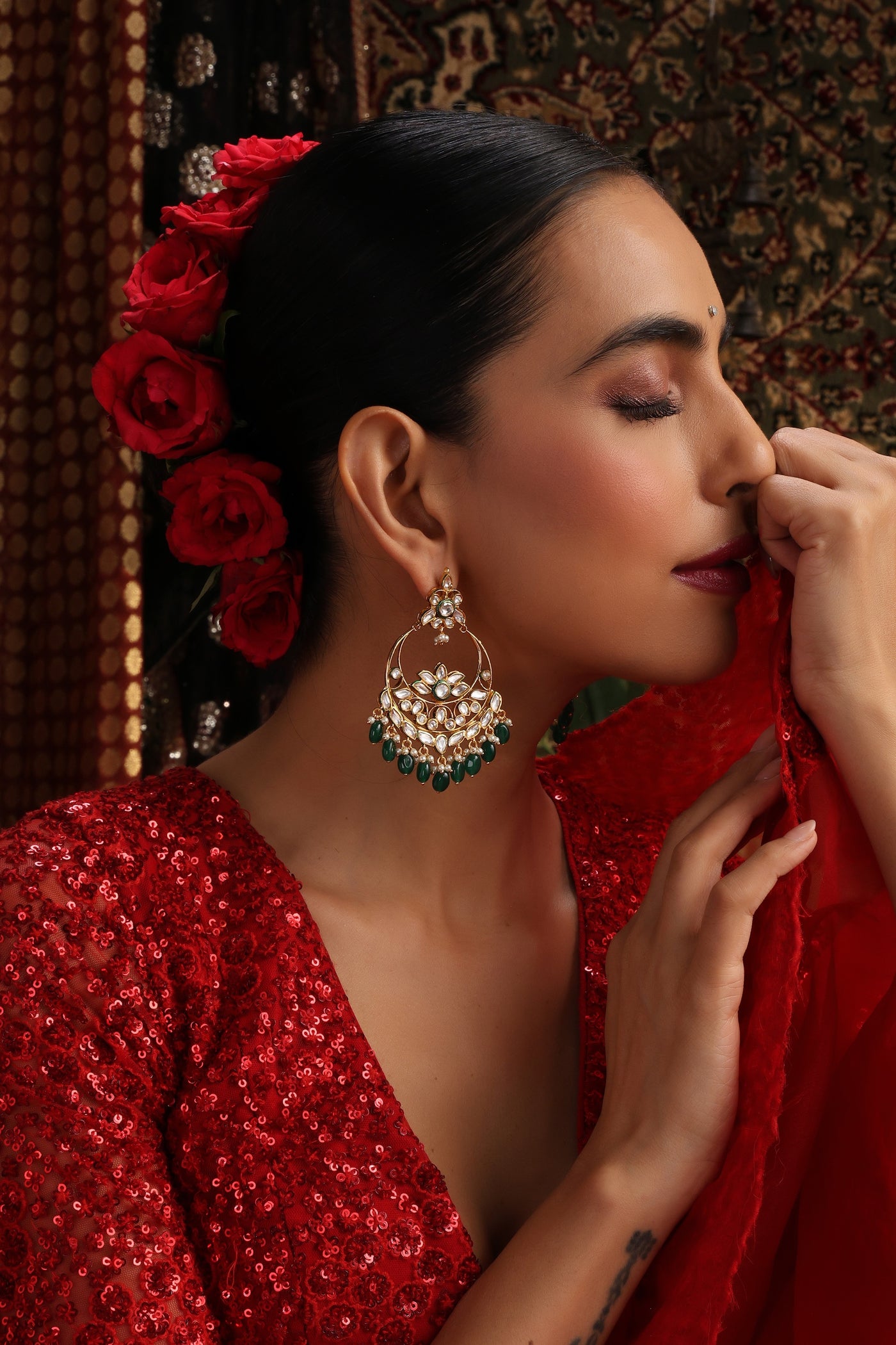 Sheer Green Polki Chandbali Earrings