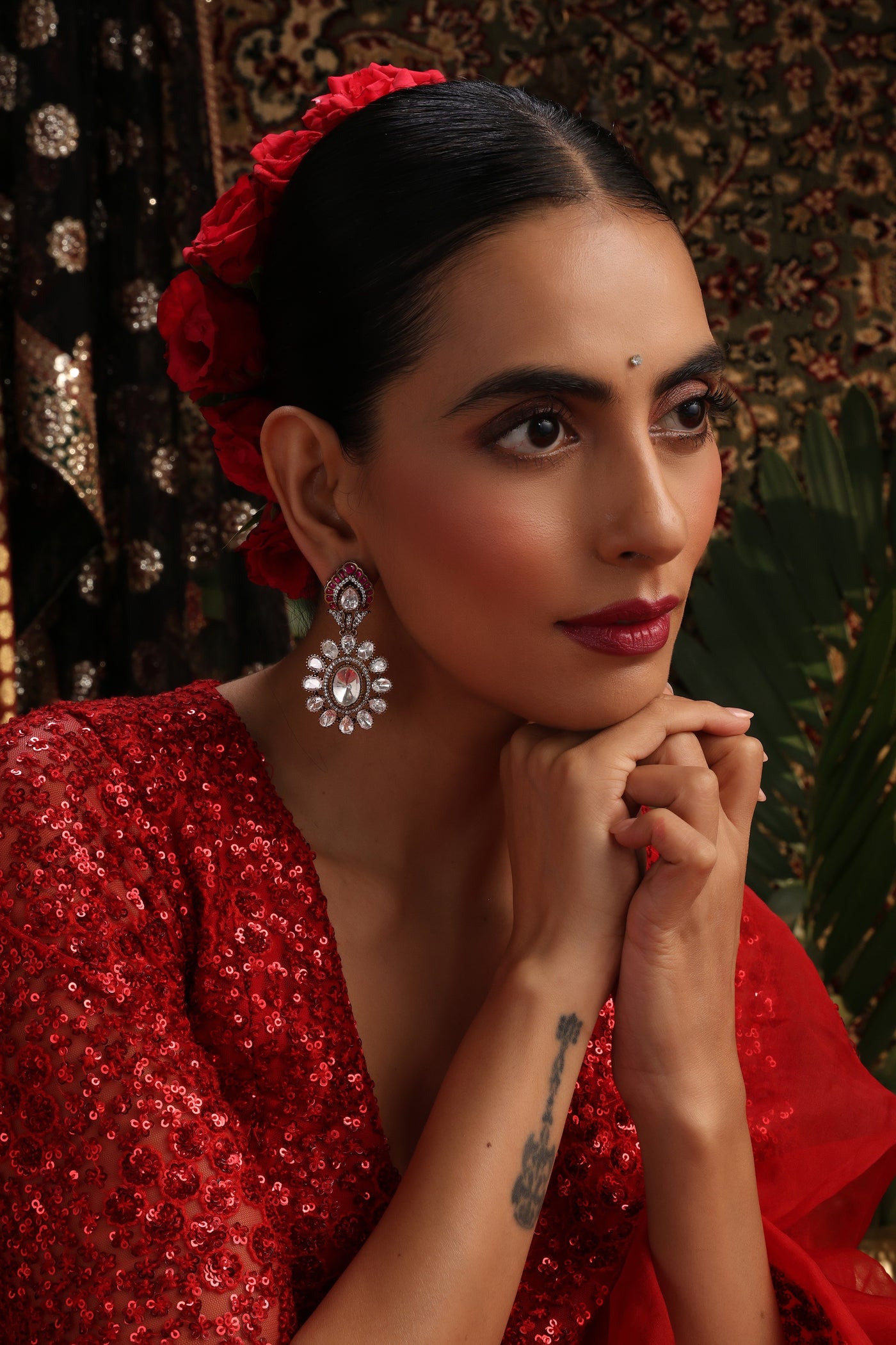 Ekani Red Polki Dangler Earrings