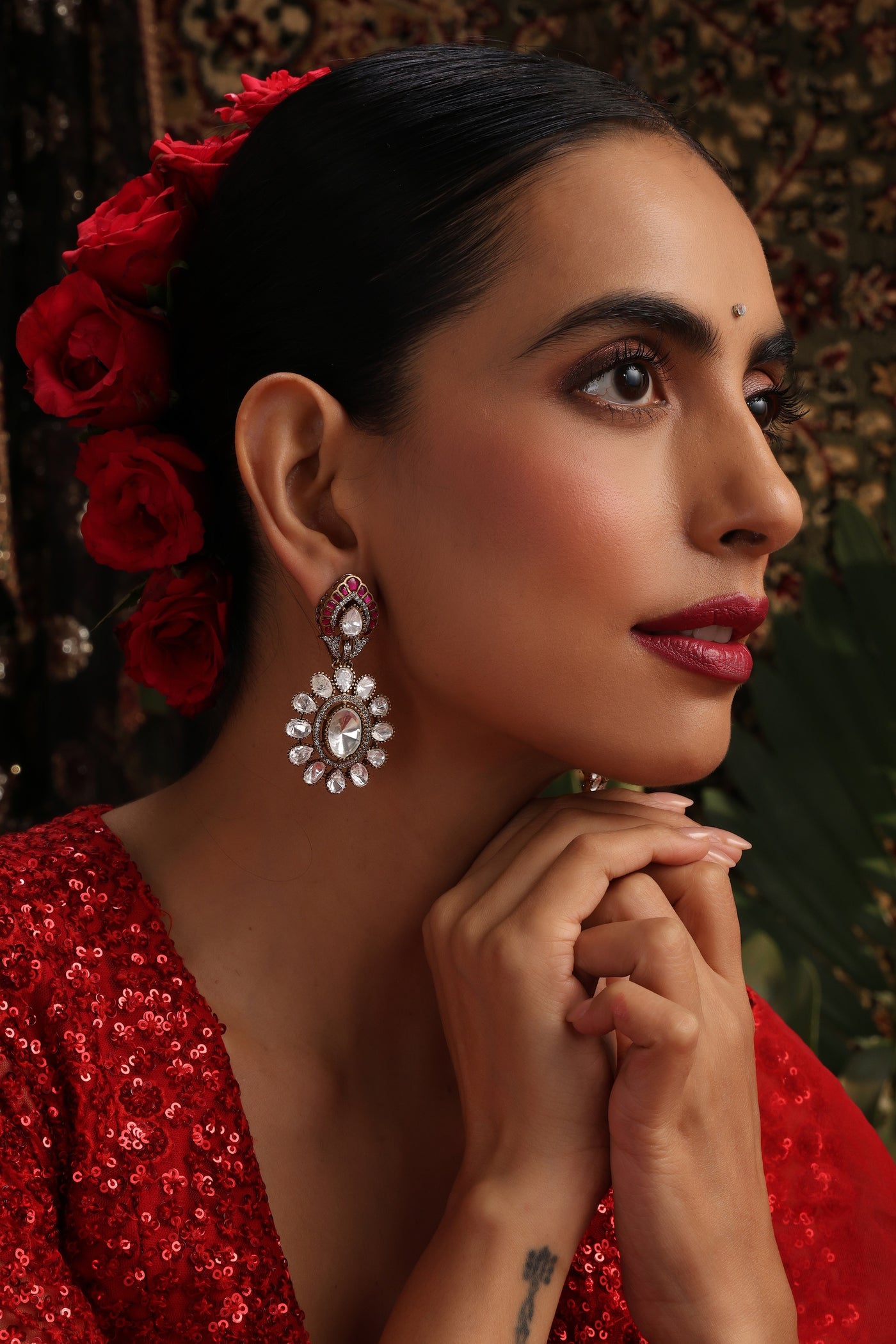 Ekani Red Polki Dangler Earrings