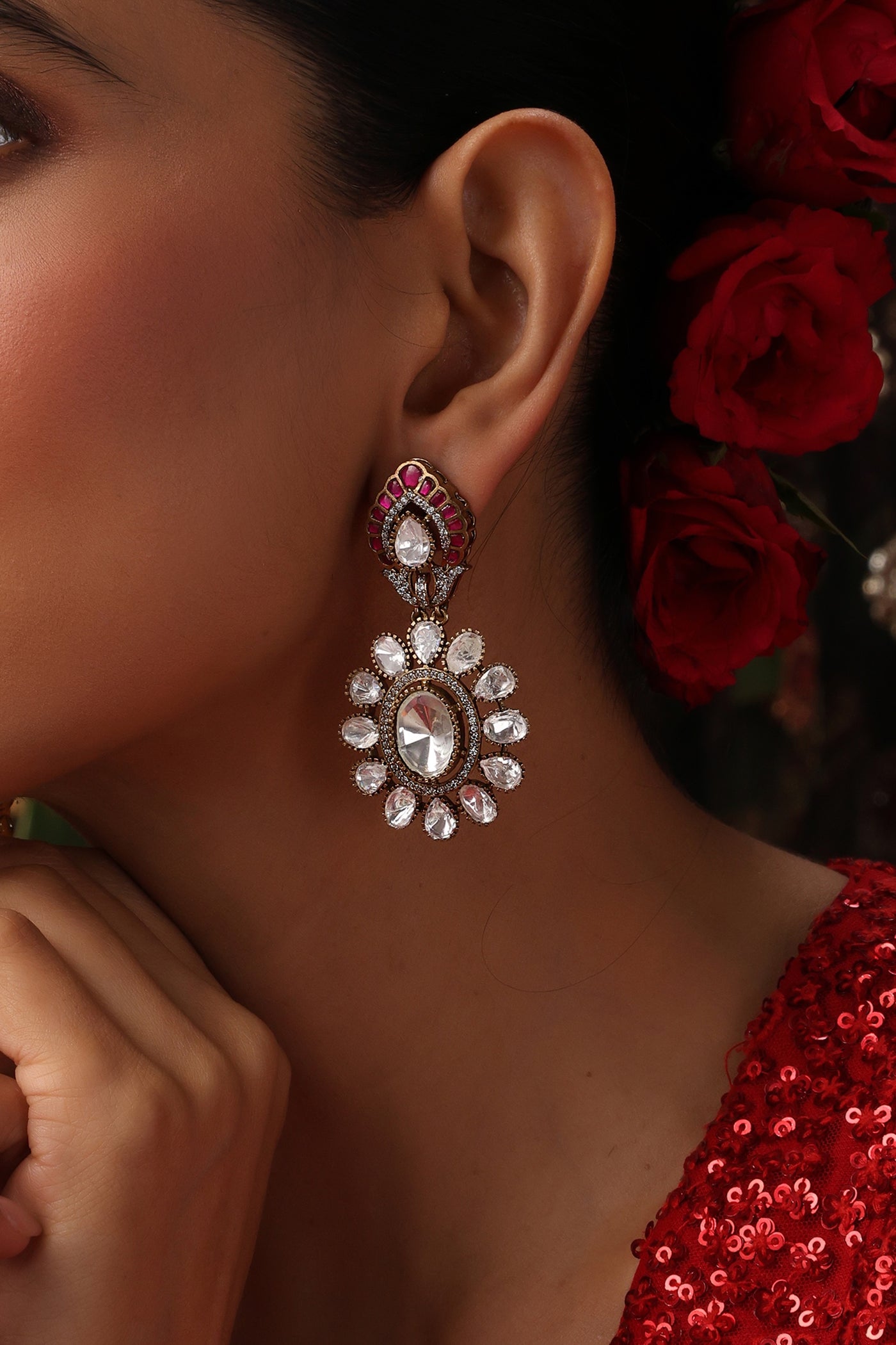 Ekani Red Polki Dangler Earrings