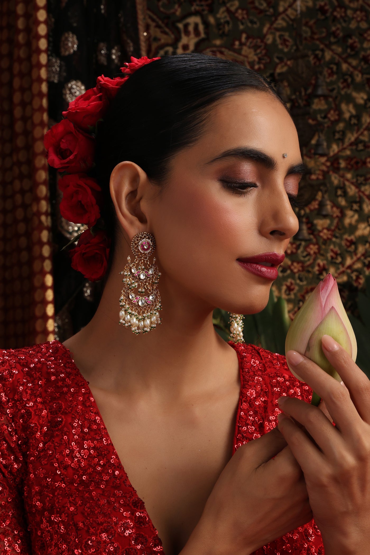 Bandhan Red Jadau Dangler Earrings