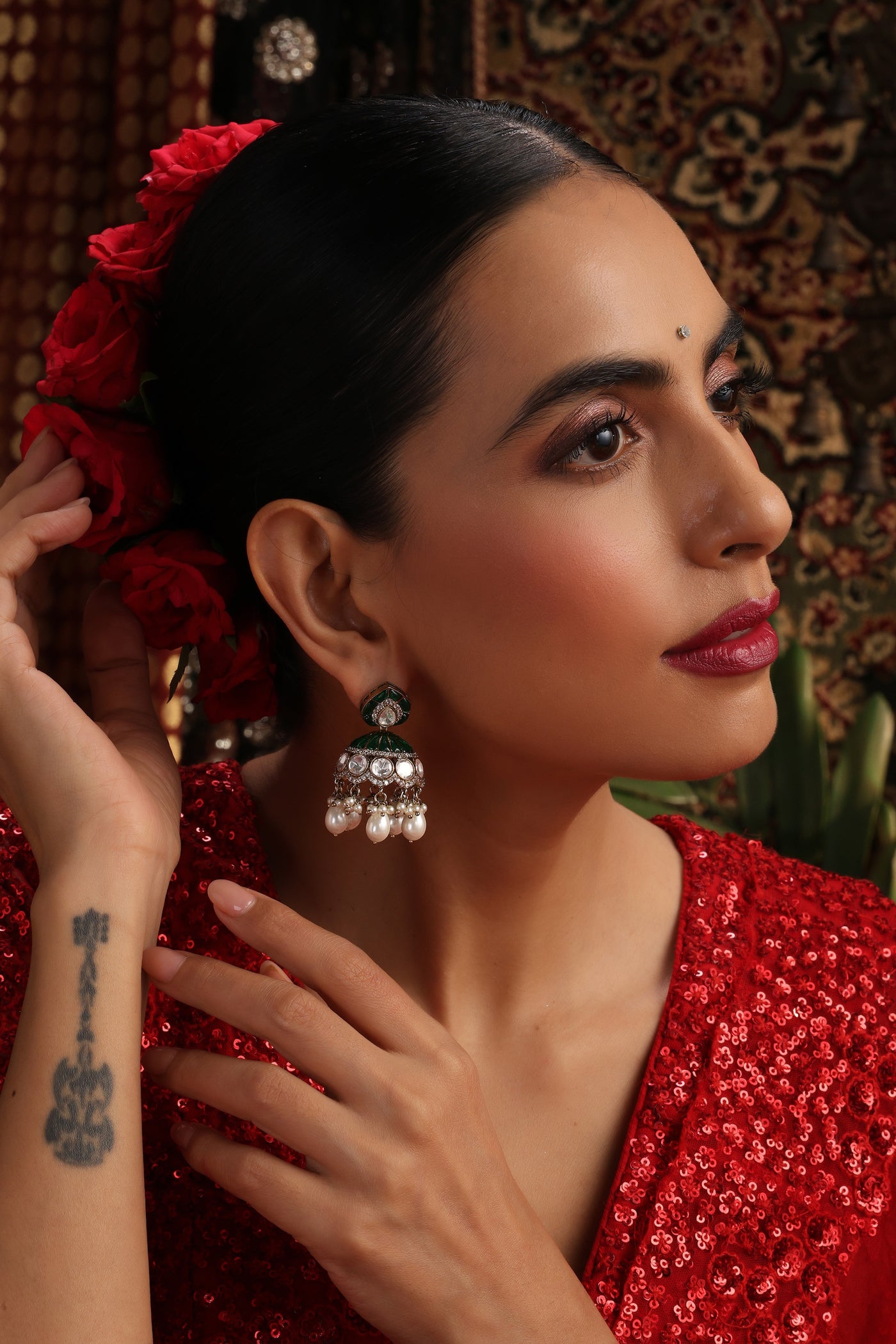 Mantra Green Polki Jhumka Earrings