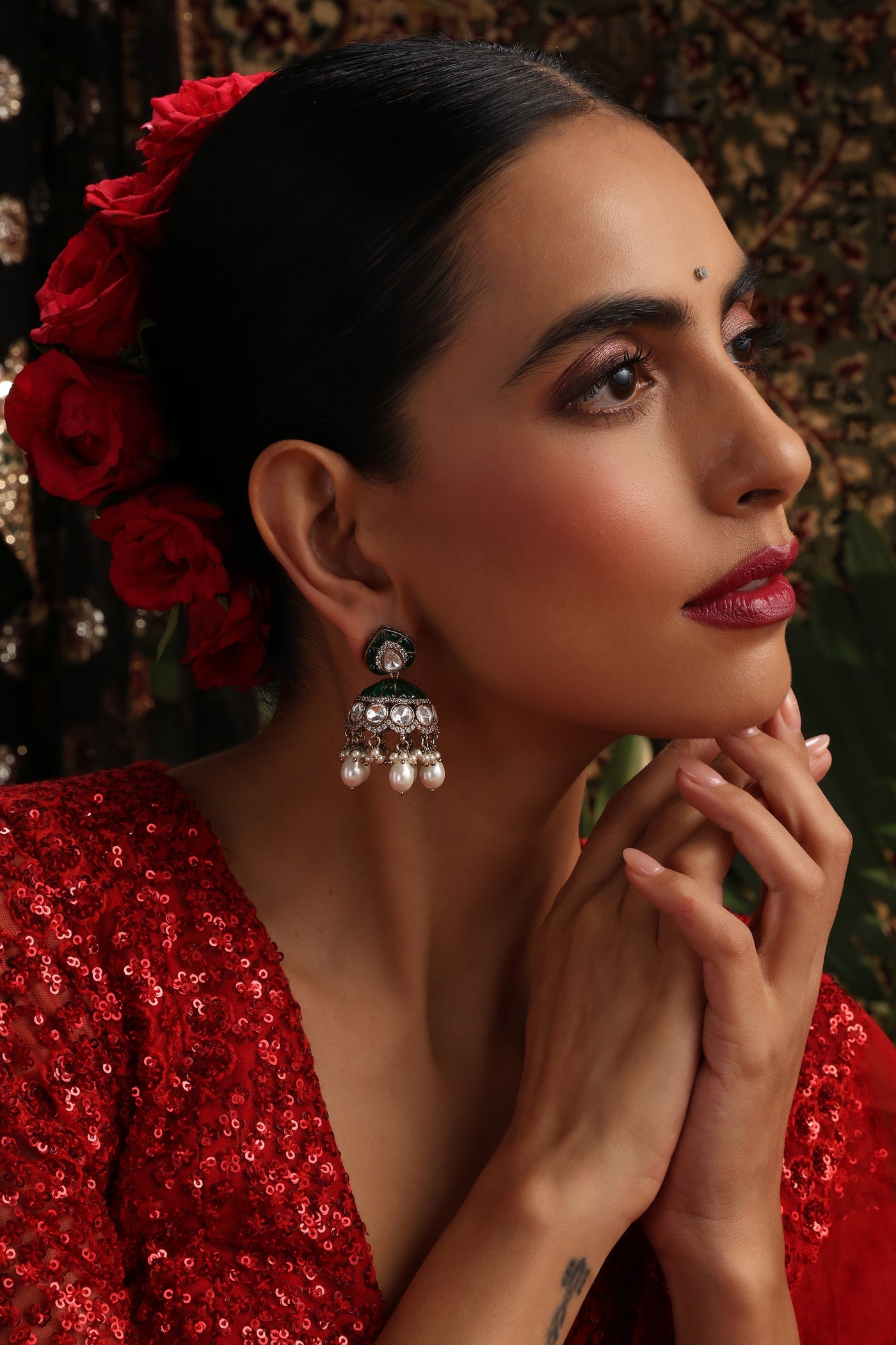 Mantra Green Polki Jhumka Earrings