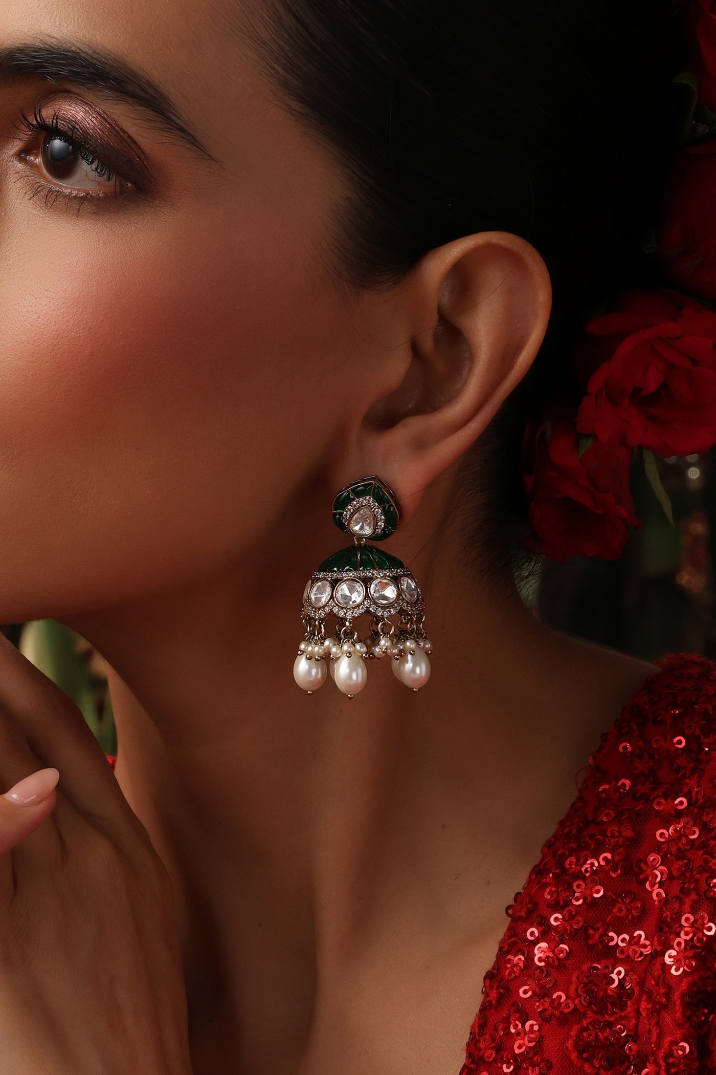 Mantra Green Polki Jhumka Earrings