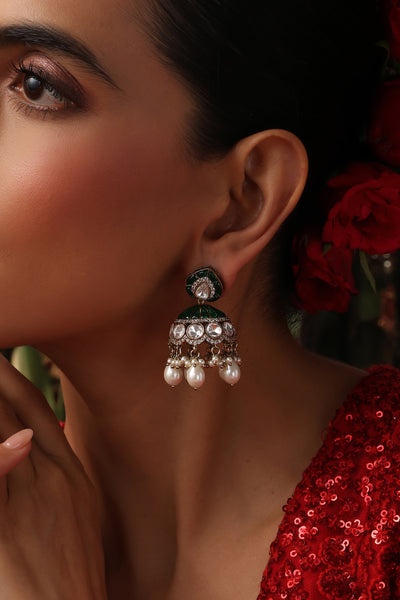Mantra Green Polki Jhumka Earrings