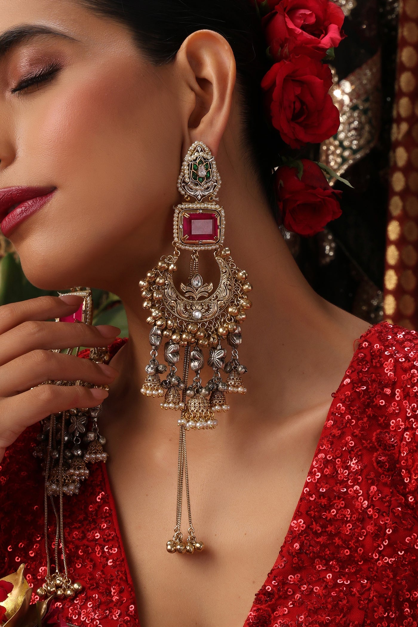 Rangrez Rose Quartz Chandbali Earrings