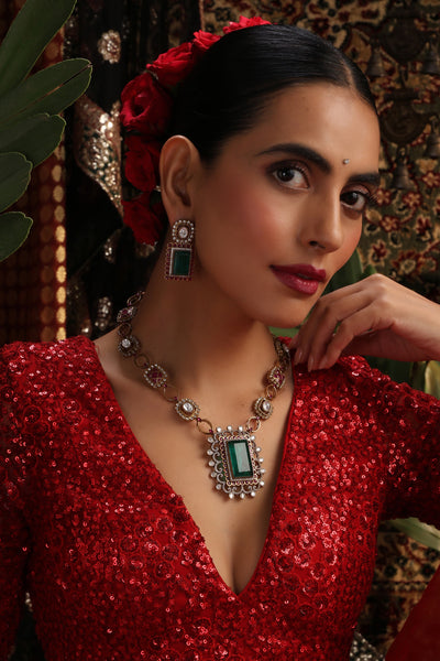 Turq Emerald and Ruby Polki Pendant Set