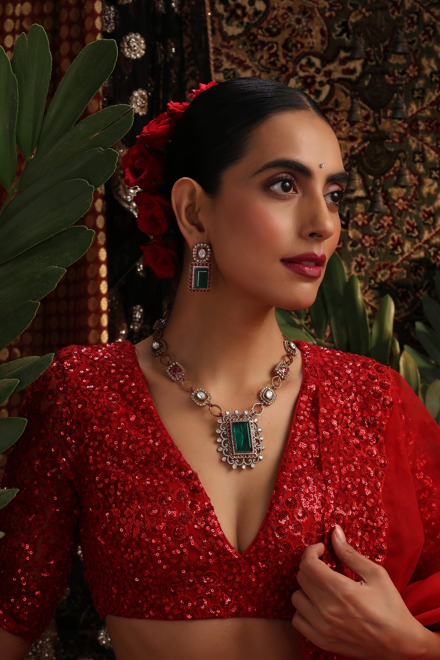 Turq Emerald and Ruby Polki Pendant Set