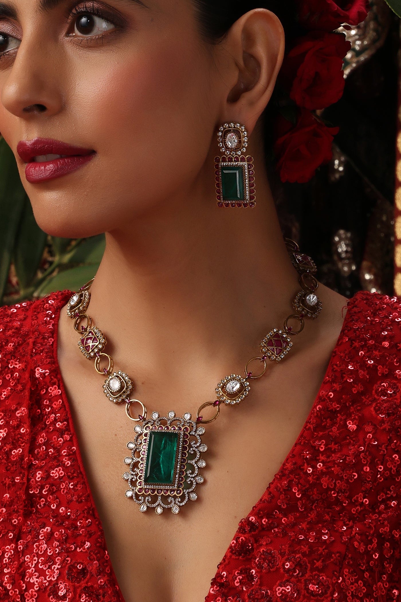 Turq Emerald and Ruby Polki Pendant Set