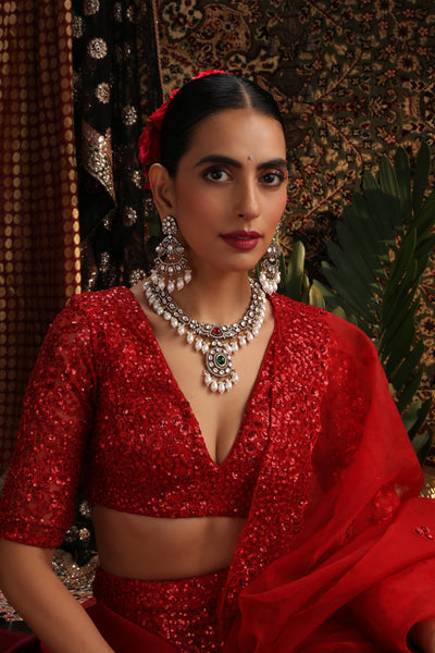 Noora Green Polki and Pearl Necklace Set