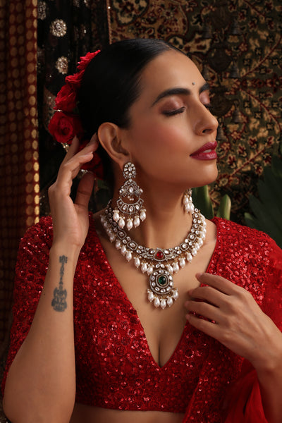 Noora Green Polki and Pearl Necklace Set