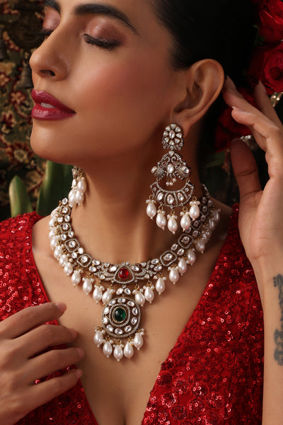 Noora Green Polki and Pearl Necklace Set