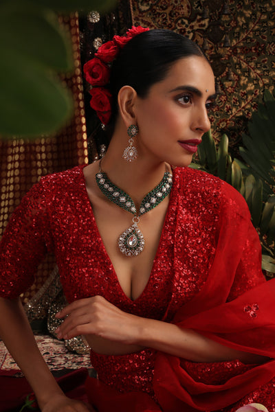 Mrida Emerald Polki Necklace Set