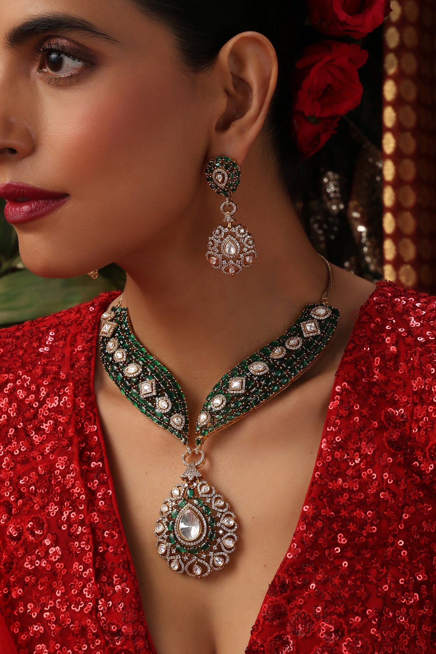 Mrida Emerald Polki Necklace Set