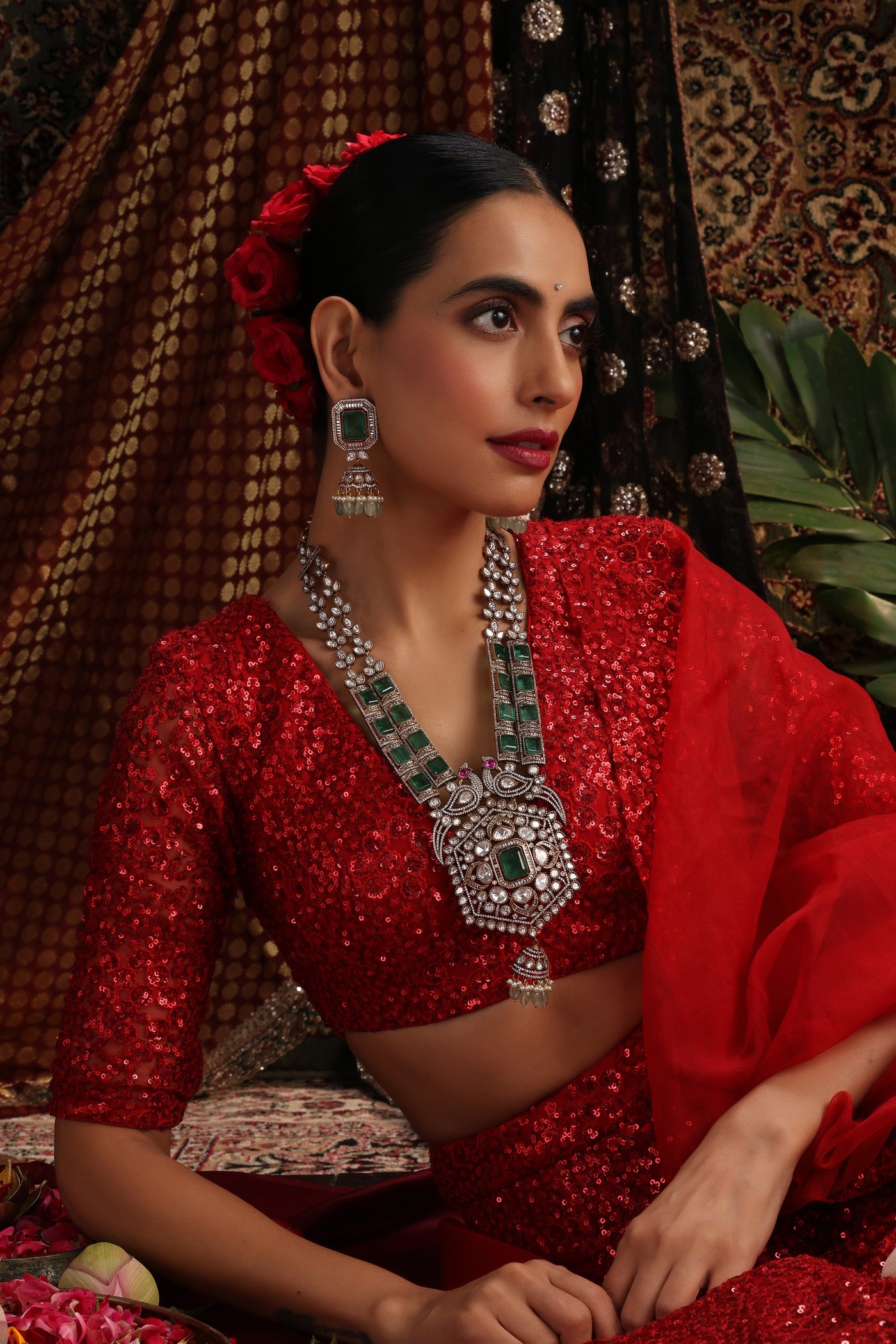 Meherbaan Emerald Polki Long Necklace Set