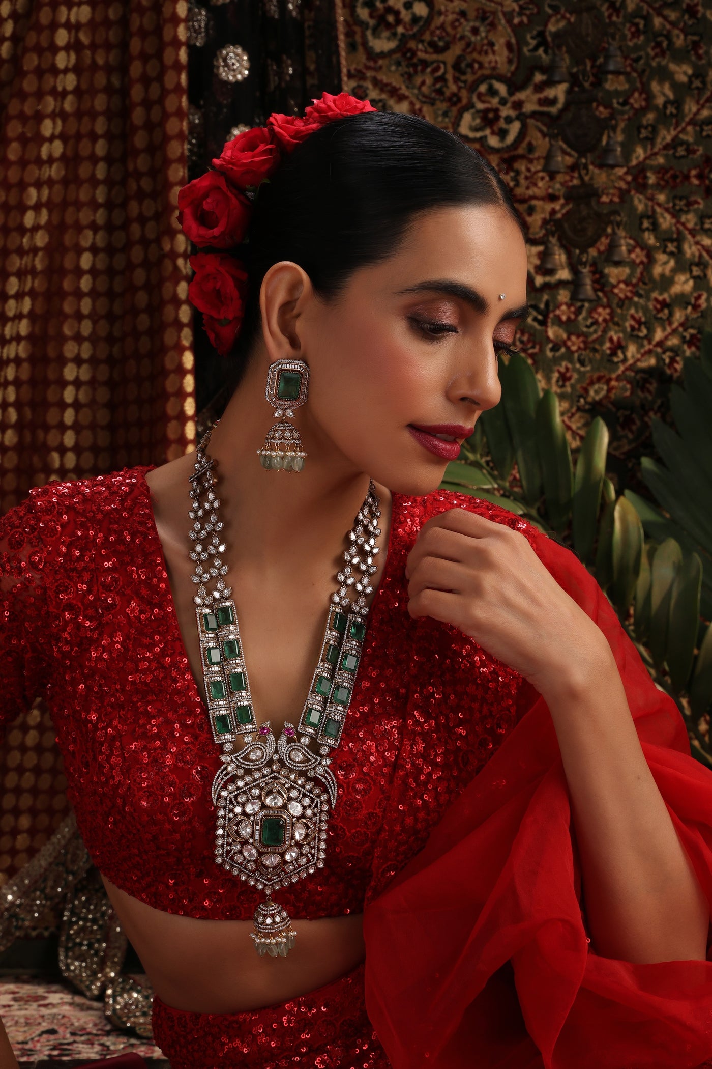 Meherbaan Emerald Polki Long Necklace Set
