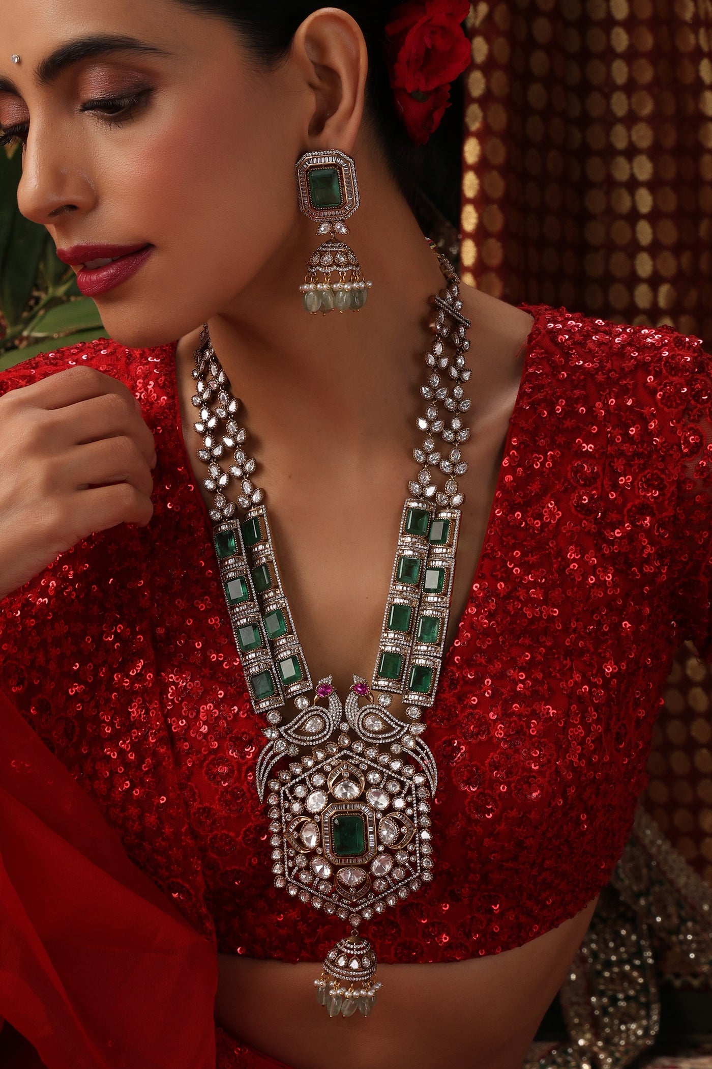 Meherbaan Emerald Polki Long Necklace Set