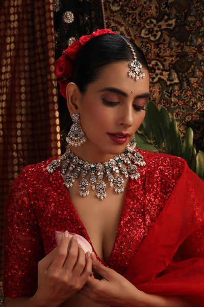 Ruaab Green Polki Necklace Set with Maang Tikka