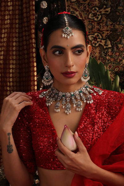 Ruaab Green Polki Necklace Set with Maang Tikka