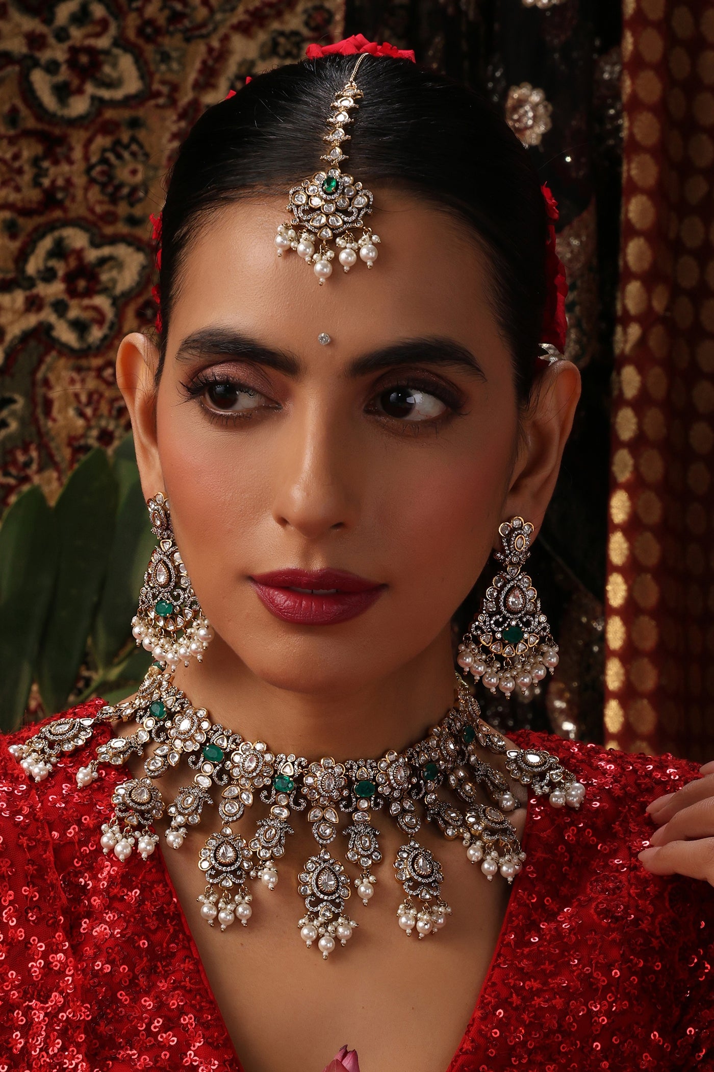 Ruaab Green Polki Necklace Set with Maang Tikka