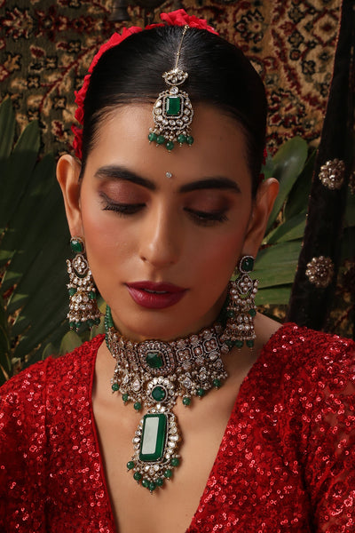 Riana Emerald Polki Choker Set with Maang Tikka