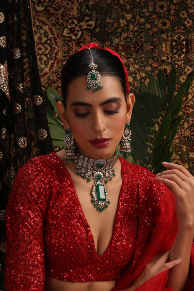 Riana Emerald Polki Choker Set with Maang Tikka