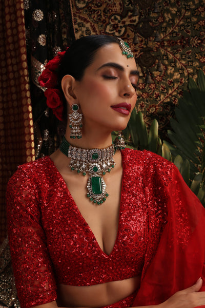 Riana Emerald Polki Choker Set with Maang Tikka